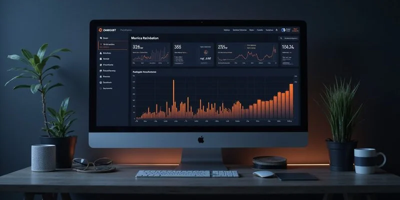 Dashboard ejecutivo de analítica digital mostrando métricas de rendimiento de marketing por canal y conversiones