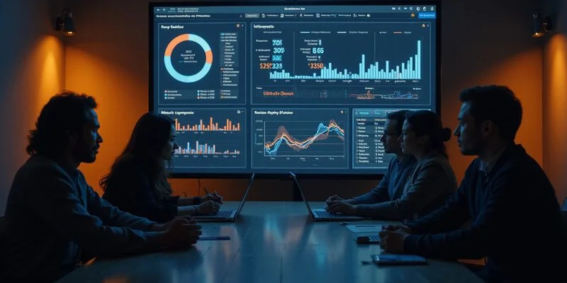 Reunión de equipo revisando resultados de estrategia digital con dashboards y gráficos de crecimiento en pantalla